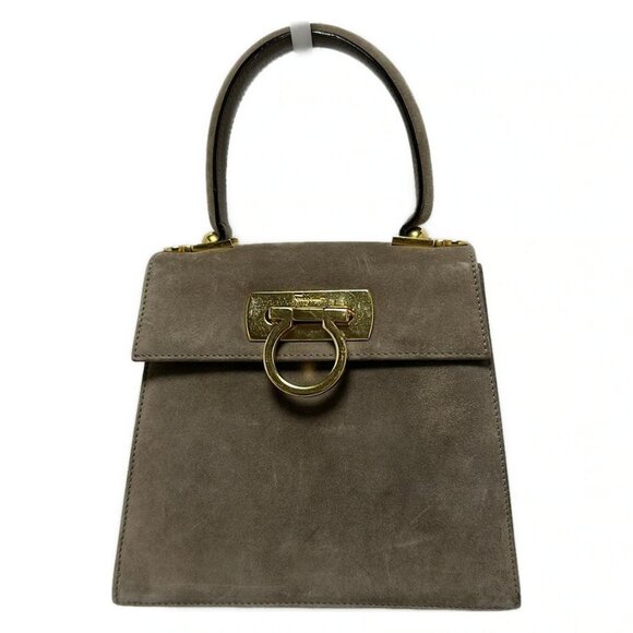 Auth Salvatore Ferragamo Gancini - Gray Beige Suede Handbag - Picture 1 of 9